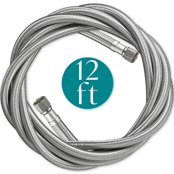 Refrigerator Water Line for Ice Maker - Braided 12' Pex Water Supply Hose with 1/4 Comp Fitting