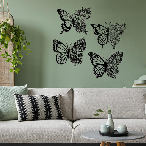 Pelopy 4 Pcs Butterfly Metal Wall Decor, Boho Iron Hanging Wall Art, Flower Wall Art for Bedroom Living Room, Black