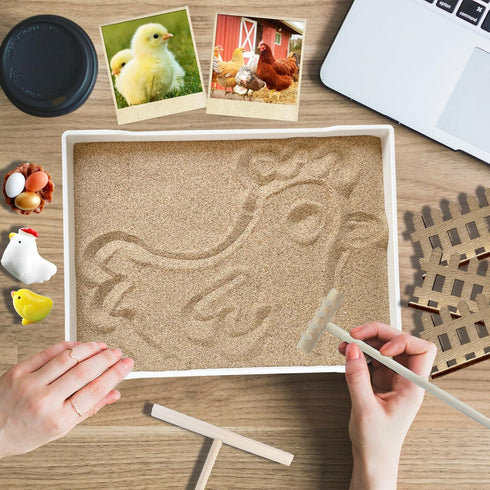Threeheng Chicken Zen Garden Kit - Sand Tray Therapy Kit with Miniature Chicken Coop, Hen Figurines, and Accessories
