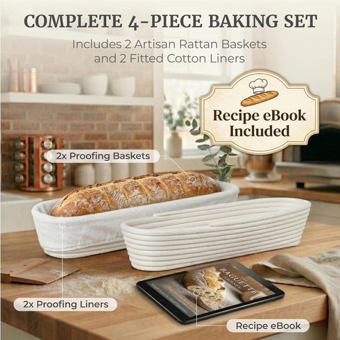 15 Inch Set 2 Baguette Proofing Basket of with Cotton Liners & Baguette Recipe eBook- Handcrafted Natural Rattan