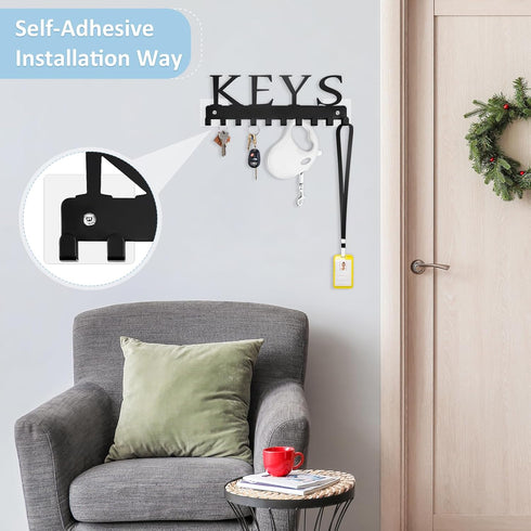 Black Key Holder Wall Mount, Decorative Key Rack Organizer with 10 Hooks, Metal Adhesive Keychain Holder