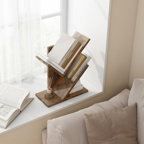 Tajsoon Tree Bookshelf, 3 Tier Book Storage Organizer, Desktop Bookshelf for CDs, Magazine, Rustic Brown