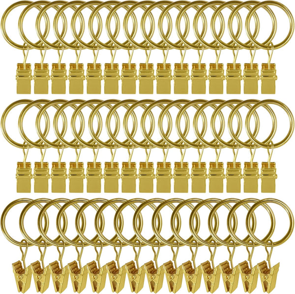 44 Pack Curtain Rings with Clips, 1 Inch Interior Diameter, Gold Curtain Clip Rings Hooks for Drapery Bows, Fits up to