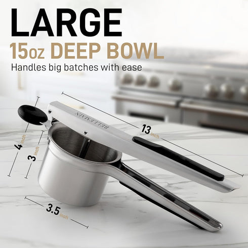 15oz Bellemain Large Potato Ricer Heavy Duty Stainless Steel Potato Masher for Smooth Mashed Potatoes, Baby Food