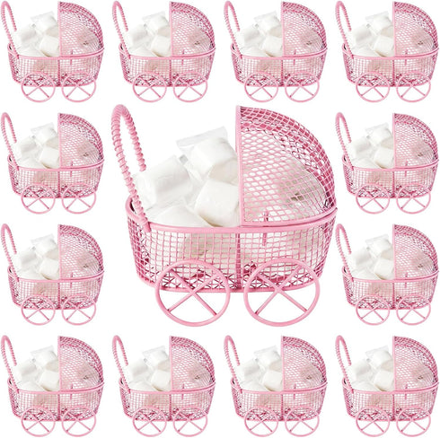 Threehoney 24 Pcs Baby Shower Mini Carriage Decoration Pink Metal Wired Fillable Candy