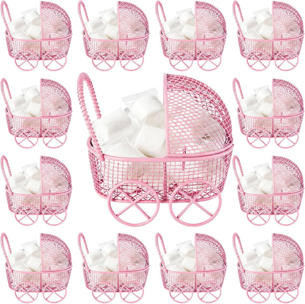 Threehoney 24 Pcs Baby Shower Mini Carriage Decoration Pink Metal Wired Fillable Candy