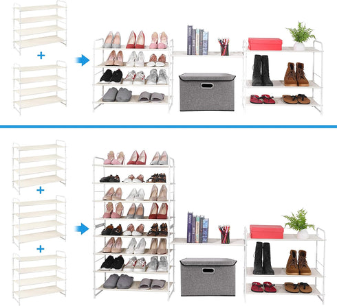 4 Simple Trending Tier Stackable Shoe Rack, Expandable & Adjustable Fabric Shoe Shelf Storage Organizer, White