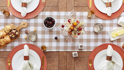 DII - Heavyweight Fringed Check Table Runner, 14x72, Stone Brown