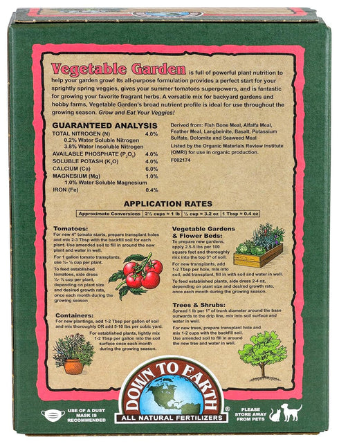 4-4-4, 1 lb Down To Earth All Natural Fertilizers Organic Vegetable Garden - Plant Food for Vegetables, Herbs, Greens