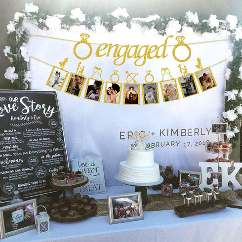 Engagement Wedding Decorations, Gold Engaged Banner and Photo Banner with Romantic Memories Picture Card Frames