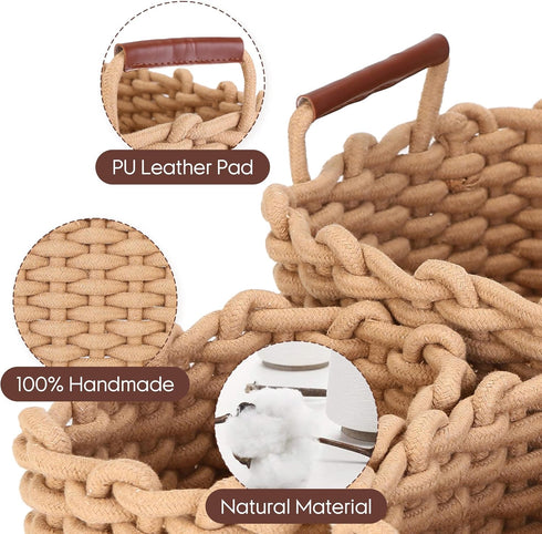 Sea Team 3-Pack Rectangle Woven Cotton Rope Storage Baskets - Shelf Basket, Closet Organizers, 3-in-1, Khaki
