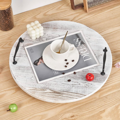 Wooden Lazy Susan, 18 Inch Large Turntable Organizer, Whitewashed Wood Serving Tray for Kitchen Essentials Storage