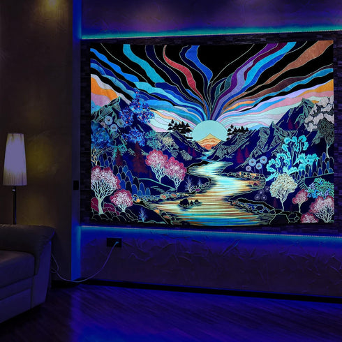 Dermijer Blacklight Forest Mountain Tapestry Sun Tapestry UV Reactive Retro Landscape Wall Tapestry Black Light Watercolor Flower Trees Wall Art Tapestry Wall Hanging for Home Decor W59.1×H51.2