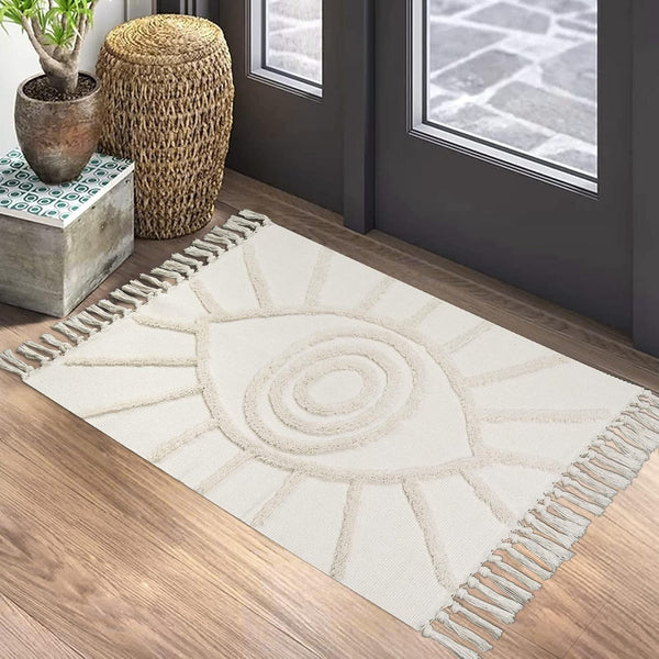 Uphome Boho Bathroom Rugs 2'x3' - Beige Evil Eye Tufted Entryway Mat with Tassels, Soft Machine Washable Cotton Rug