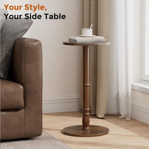 Homleke 12" Round Side Table, Solid Wood Pillar with Wood Top & Base, Small Drink Accent Table for Living Room