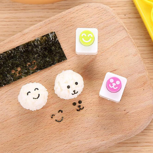 4 Pcs DIY Rice Ball Mould Shaker & 2 Smile Face Seaweed Nori Punch Embossing Mold Kitchen Tools with Mini Spoon