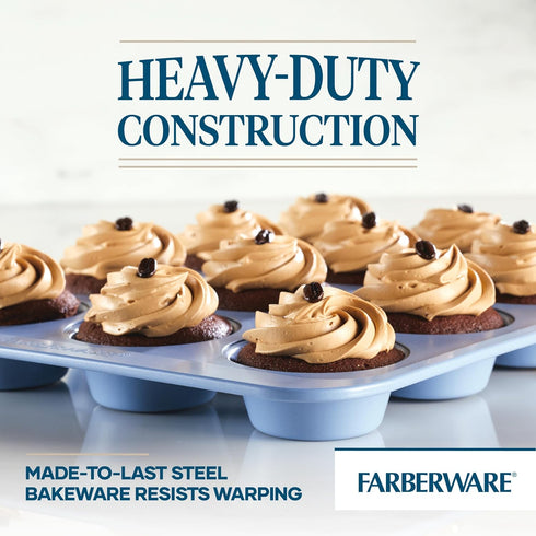 Farberware Nonstick Bakeware Muffin/Cupcake Pan, 12-Cup with Fill Lines, Blue