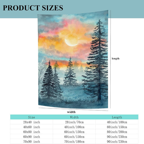 Mountain Yellow Sunset Forest Tapestry, Blue Watercolor Fir Tree Landscape Wall Hanging for Bedroom Living Room