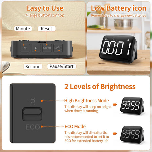 VOCOO Magnetic Kitchen Timer for Cooking with Count Up Countdown, Digital Timer with Large Display, Battery Powered