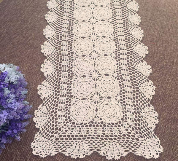 Damanni Rectangular Cotton Handmade Crochet Lace Table Runner - 16 Inch by 55 Inch Doilies Décor, Beige
