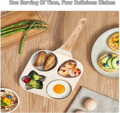 JUSTUP Nonstick Frying Pan,4-Cup Egg Pan Nonstick Divided Grill Frying Pan, 7.5 Inch Healthy Granite Egg Frying Pan with Anti-scald Handle, Breakfast Skillet for Eggs, Pancakes,Bacons (White)