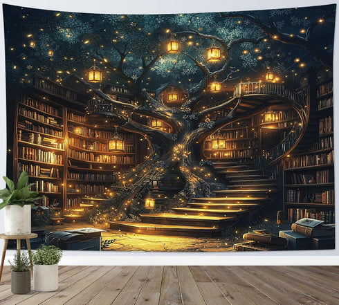 HVEST Fantasy Library Bookshelf Tapestry for Classroom Fairytale Tree Magic Bookshelf Wall