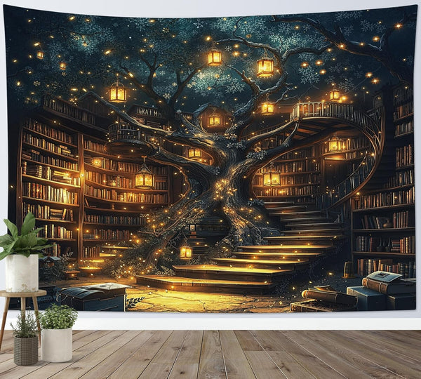 HVEST Fantasy Library Bookshelf Tapestry for Classroom Fairytale Tree Magic Bookshelf Wall