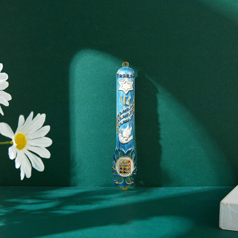 Matashi Hand Painted 5.7" Blue Dove Mezuzah - Gold Accents and Star of David with Crystals, Home Decor Gift