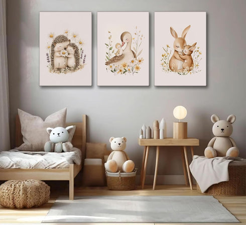 UNDDISINS 3 Pcs Animal Nursery Canvas Wall Art Watercolor Baby Animals with Wildflowers Painting Picture Wall Decor