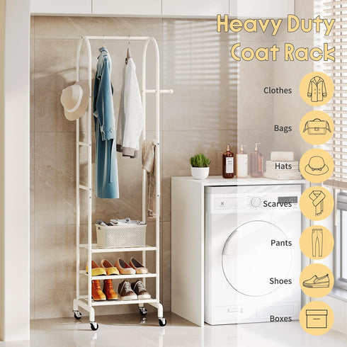 Furshus 4 Garment Rack with Wheels,Small Metal Coat Rack With Hooks,Freestanding Heavy Duty Clothing Rack with Shoe