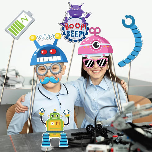 25Pcs Robot Photo Booth Props with Stick, Kids Photography Backdrop Decorations, Birthday Theme Selfie Props, Robotics