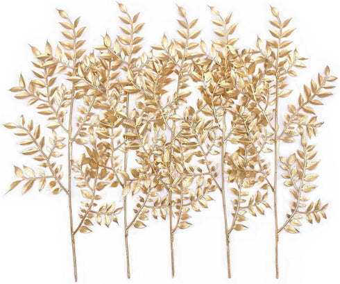 PASYOU Gold Fake Leaves Plants for Christmas Decor, 5 Pack Artificial Shrubs for Indoor Outdoor Decoration