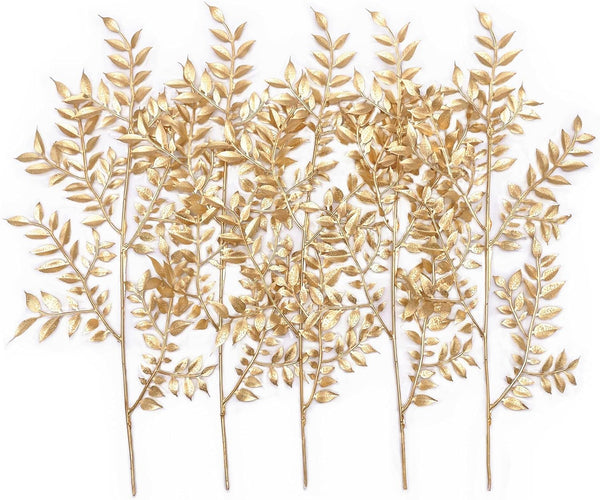 PASYOU Gold Fake Leaves Plants for Christmas Decor, 5 Pack Artificial Shrubs for Indoor Outdoor Decoration