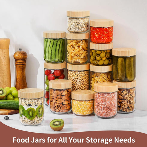 16 Oz 4 Pack DRKIO Overnight Oats Containers with Bamboo Lids - Glass Storage Jars with Airtight Lids Wide Mouth Mason