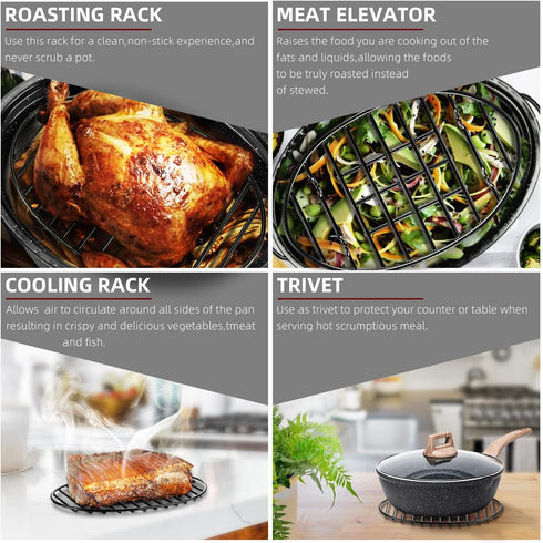 Black Roasting Rack with Integrated Feet, Enamel Finished, Nonstick, Fits 13 Inch Oval Roasting Pan, Dishwasher Safe