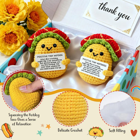 Positive Crochet Hotdog Taco Plush-Easter Basket Stuffers & Birthday Gifts for Women Men Mom Dad Daughter Son Friends