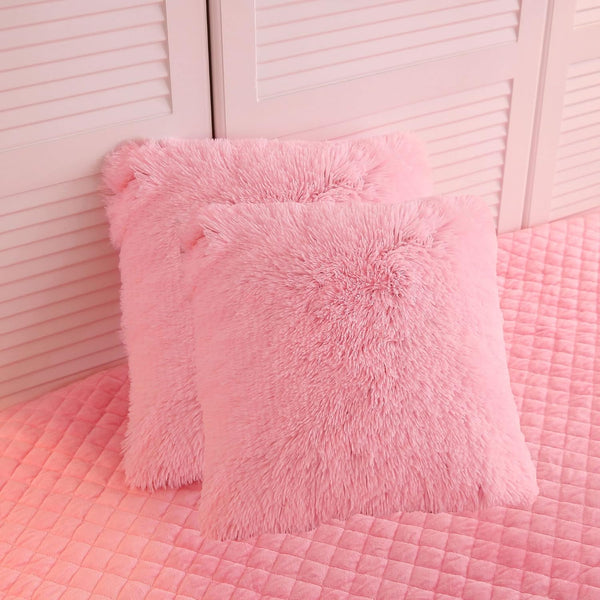 LIFEREVO 2 Pack Fluffy Faux Fur Pillow Shams, 18 x 18 Inches Luxury Decorative Cushion Covers, Pink, Zipper Closure