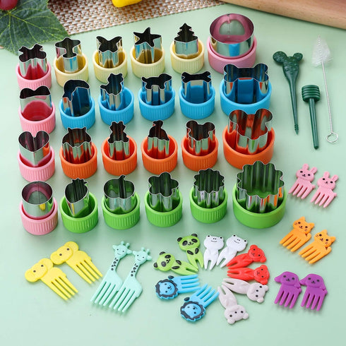 24 pcs Vegetable Cutter Shapes Sets - Cookie Cutters, Fruit Stamps Mold with 20 pcs Food Picks and Forks for Kids