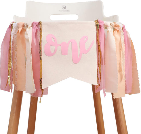 1st Girl Pink Theme Birthday High Chair Banner - Boho First Birthday Cake Smash Photo Decor (PINK ONE HF)
