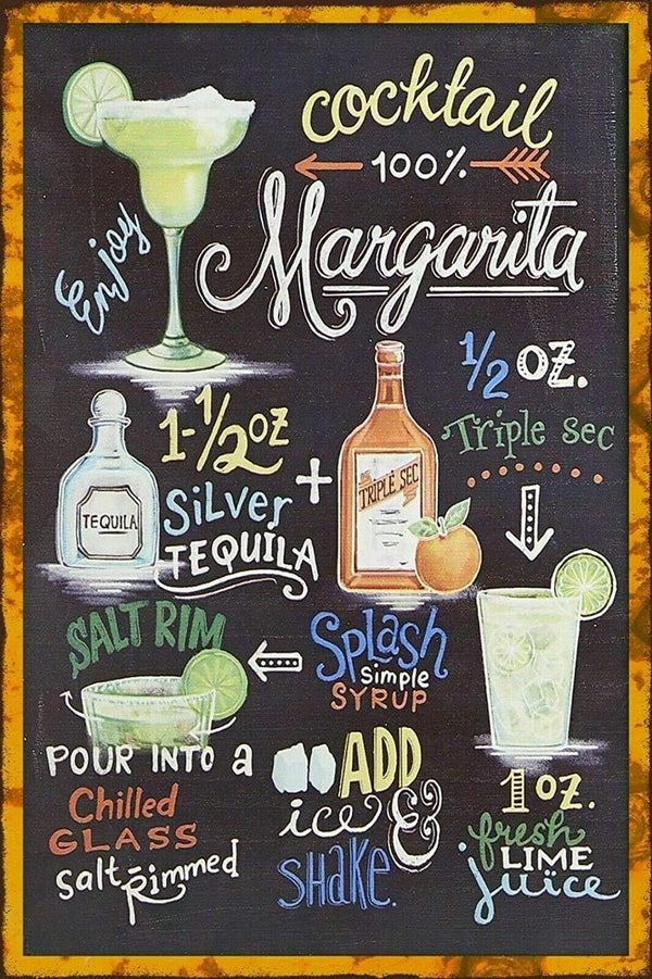 New Metal Poster Margarita Cocktail Recipe Vintage Tin Sign 8x12 Inch Retro Art for Home Bar Decor