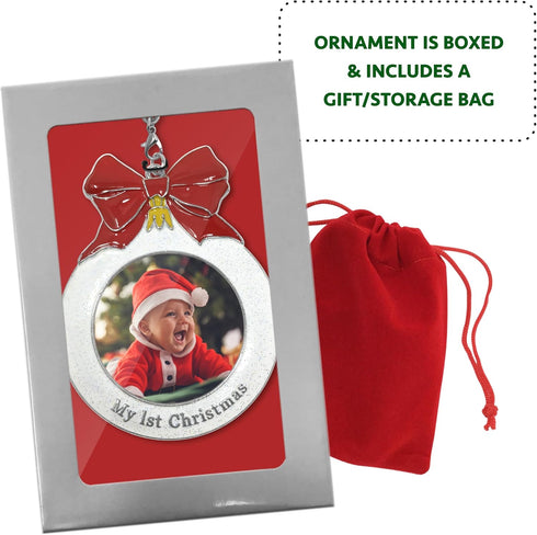 Baby's 1st Christmas Photo Ornament - 2025 Charm, Bulb Shape with White Glitter & Red Bow - Gift-Storage Bag Included,