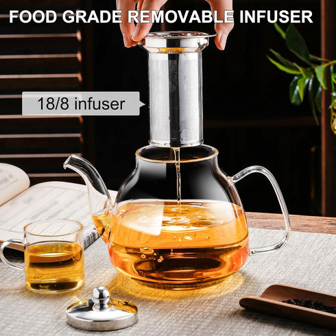 PARACITY 34 OZ Glass Teapot, Borosilicate Clear Tea Kettle with Removable Stainless Steel Infuser for Camping, Travel