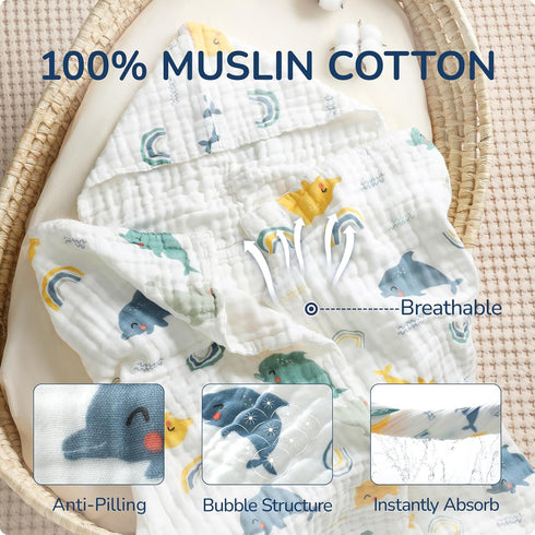 Towels,100% 43x43 Inch Toddler Hooded Bath Cotton Muslin Baby Towels for Boys Girls,Ultra Soft & Absorbent Quick Dry