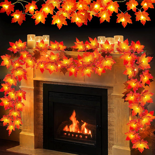 4 Pack Fall Decor Garland with Lights, 40Ft 80LED Enlarged Maple Leaves, Battery Operated Autumn Harvest Decor