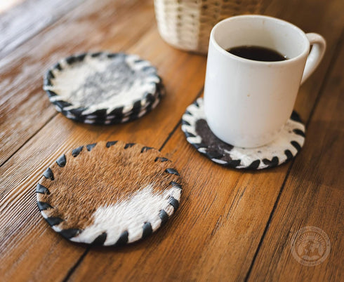 Sunshine Cowhides Natural Cowhide Coaster - 4.5" Round Assorted Tones Genuine Leather