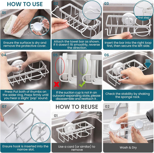 4-in-1 TAILI Sink Caddy with Strong Suction Cup, Sponge Holder for Kitchen Sink Organizer, Removable, Rustproof