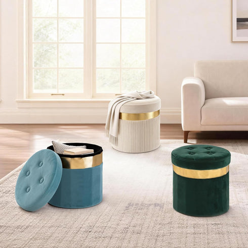 Room13x13x12.4(Green,1pcs) xuperbonus Small Ottoman with Storage,Folding Round Ottoman with Gold Trim,Velvet Storage