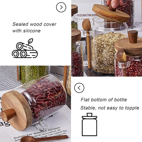 Taefaba 3PCS Spoon,17 OZ Spice Jars Overnight Oats Containers with Airtight Lid and Wooden Glass Food Storage