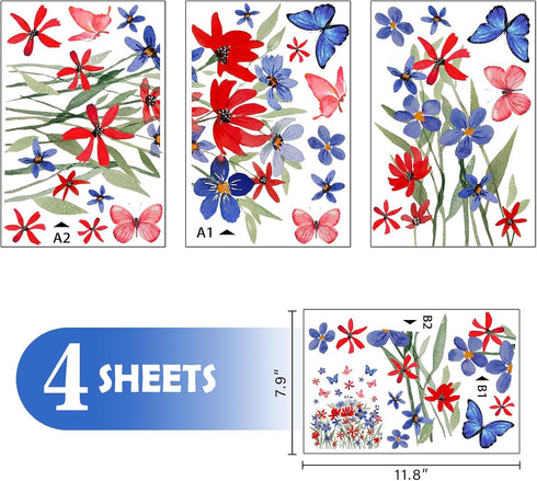 Mfault 4th of July Summer Wild Flower Patriotic Window Clings 4 Sheets, Red Blue Floral Butterfly America USA Stickers Decal Decorations, American Independence Day Home Kitchen Decor