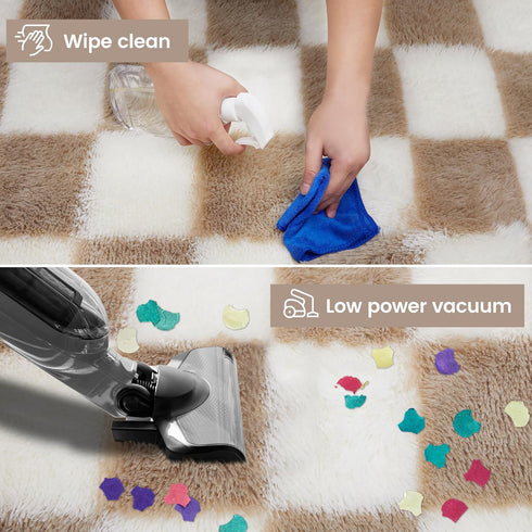 TOOHUB 5x7 Super Soft Rug for Bedroom, Ft Beige and White Area Rug Classic Checkered Shaggy Anti-Skid High Pile Soft